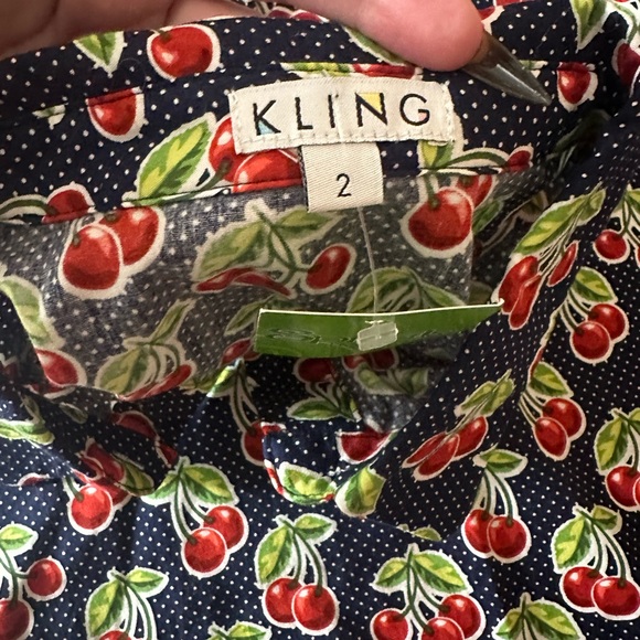 Kling Navy Blue Red Cherry Print Cotton Retro Pinup Button Front Dress NWT 2/S - Picture 11 of 15